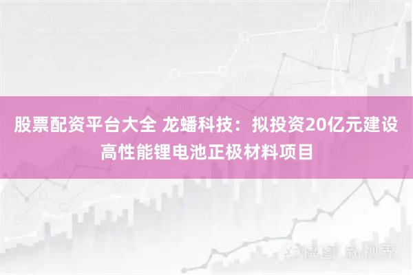 股票配资平台大全 龙蟠科技：拟投资20亿元建设高性能锂电池正极材料项目